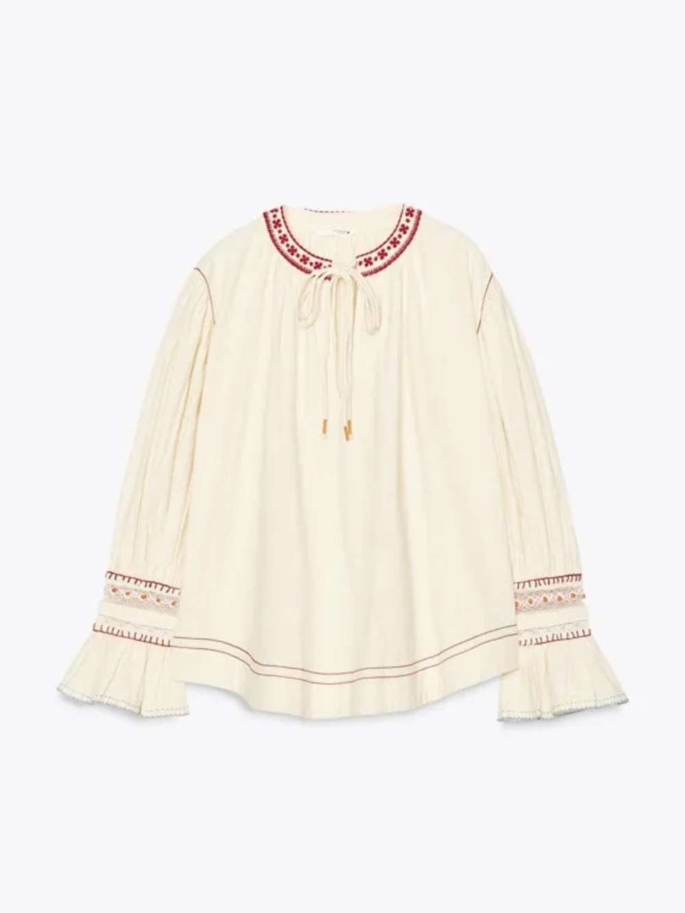 ZARA Cream Peasant Blouse with Red Embroidered Neckline